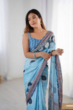 Sky Blue Chinnon Saree with Kutchi Mirror Lace Border