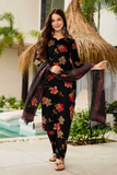 Black Floral Silk Blend Suit with Organza Dupatta
