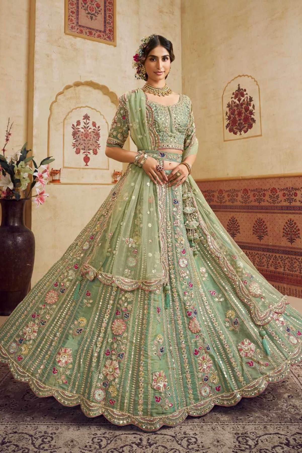 Green Net Bridal Lehenga with Sequins, Coding & Thread Embroidery Work