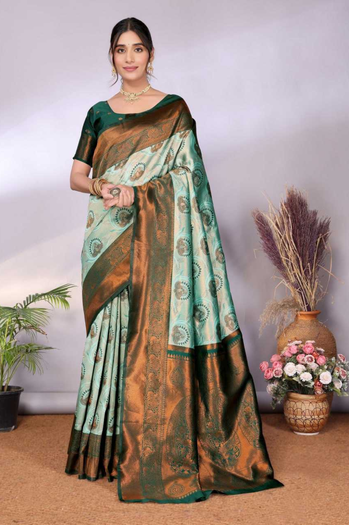 Peacock Buti Banarasi Soft Silk All-Over Zari Woven Saree