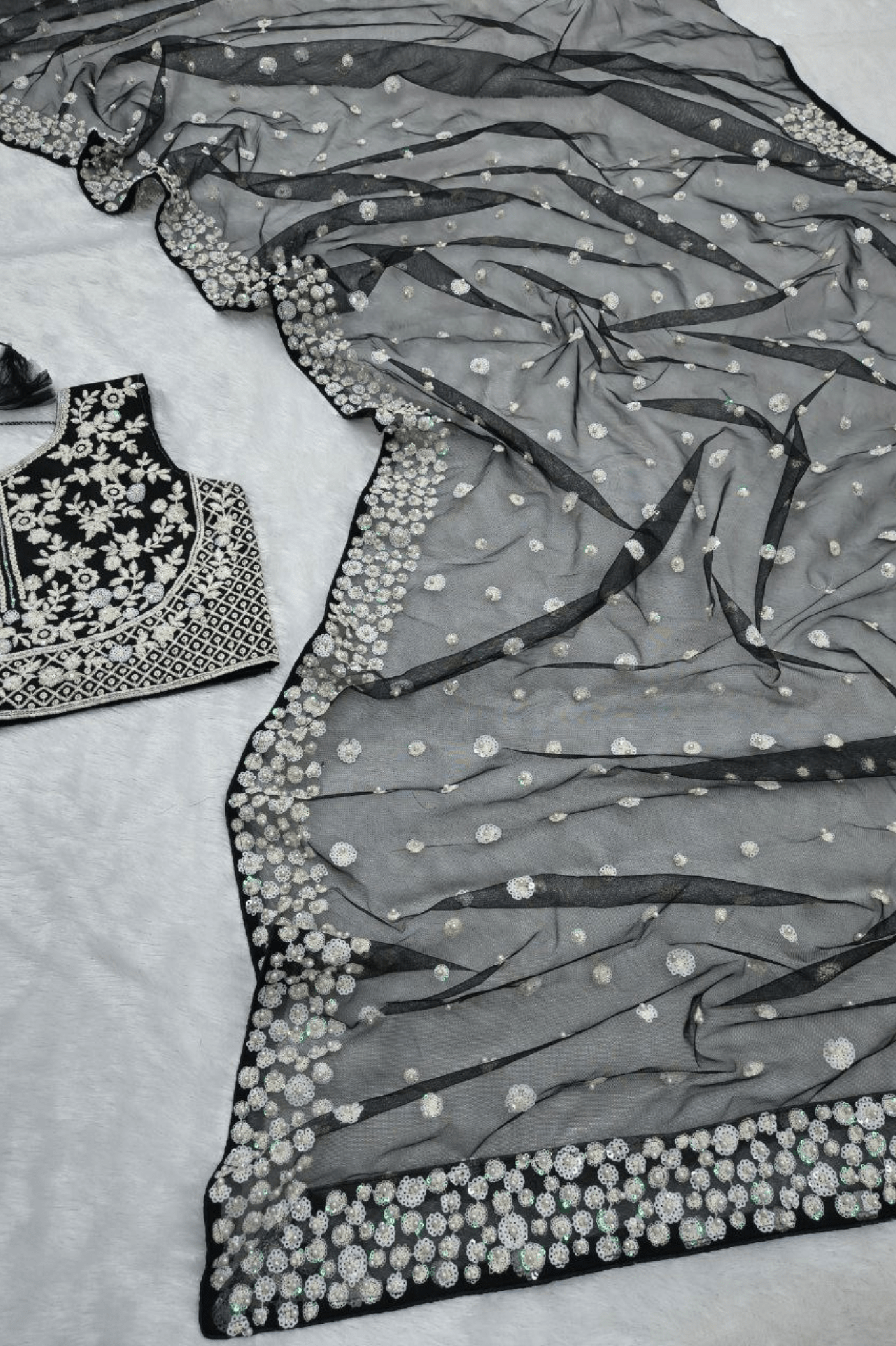Midnight Black Butterfly Soft Net Saree with Pearl & Sequin Embroidery - kavyo.in