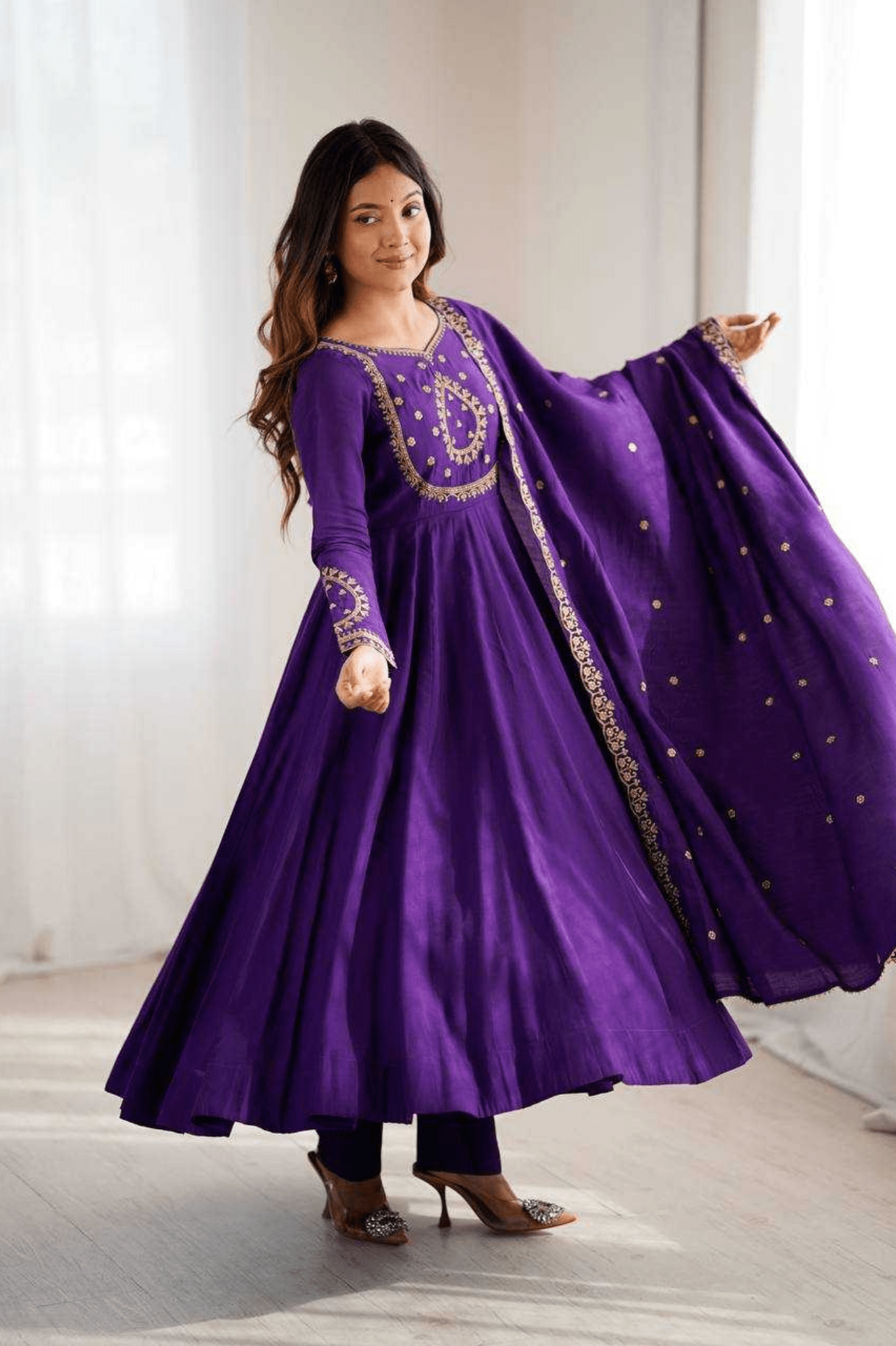 Royal Purple Roman Chanderi Silk Anarkali Gown Set - kavyo.in
