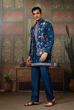Navy Blue Embroidered Kurta with Koti & Bottom