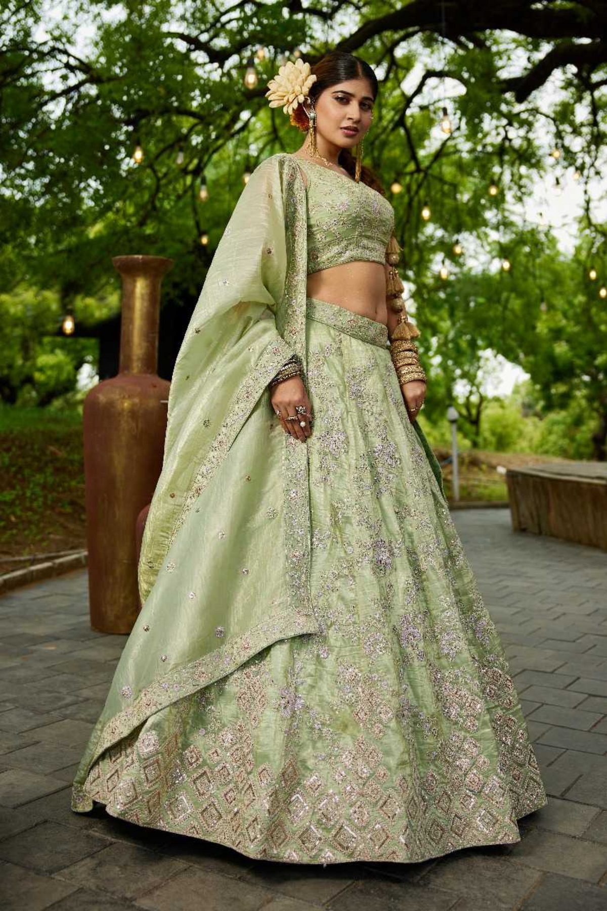 Pastel Green Tissue Embroidered Bridal Lehenga Choli with Dupatta