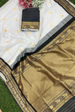 Soft Lichi Silk White Saree with Black & Golden Jacquard Border