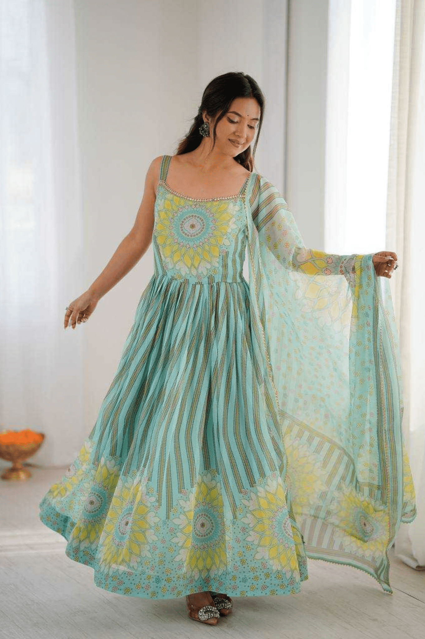 Aqua Blue Sunflower Lehriya Printed Fox Georgette Anarkali Suit Set - kavyo.in