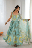 Aqua Blue Sunflower Lehriya Printed Fox Georgette Anarkali Suit Set - kavyo.in