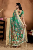 Green Soft Silk Saree with Gold Zari & Multicolor Accents