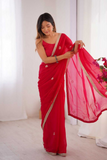 Elegant Red Fandy Saree with Beads & Sequin Embroidery