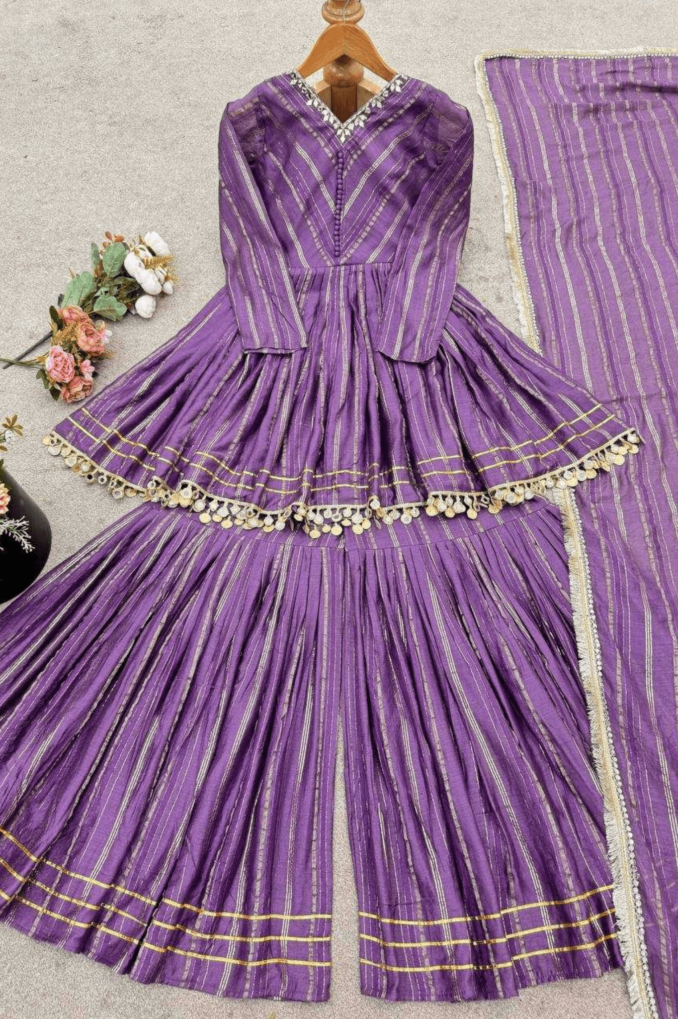 Purple Mal Chanderi Mirror Work Sharara Palazzo Set - kavyo.in