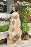 Soft Gold Banarasi Tissue Saree with Peacock Print & Intricate Zari Work