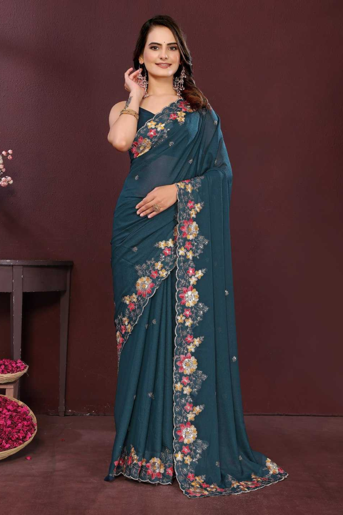 Teal Blue Soft Georgette Saree with Multicolor Embroidery Cutwork Border