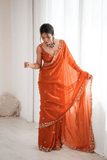 Rust Orange Heavy Fendy Silk Designer Saree with Thread & Sequin Embroidery - kavyo.in