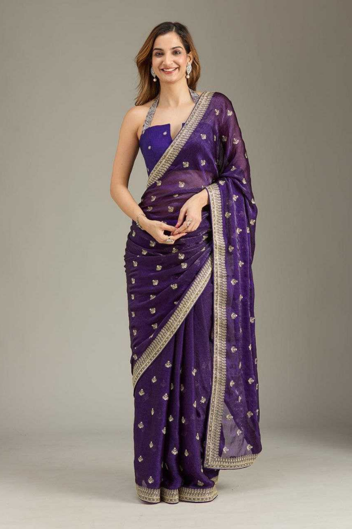 Purple Soft Fancy Chiffon Saree with Zari Pallu & Hand Stone Work