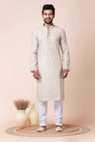 White Cotton-Poly Printed Classic Kurta Pajama Set