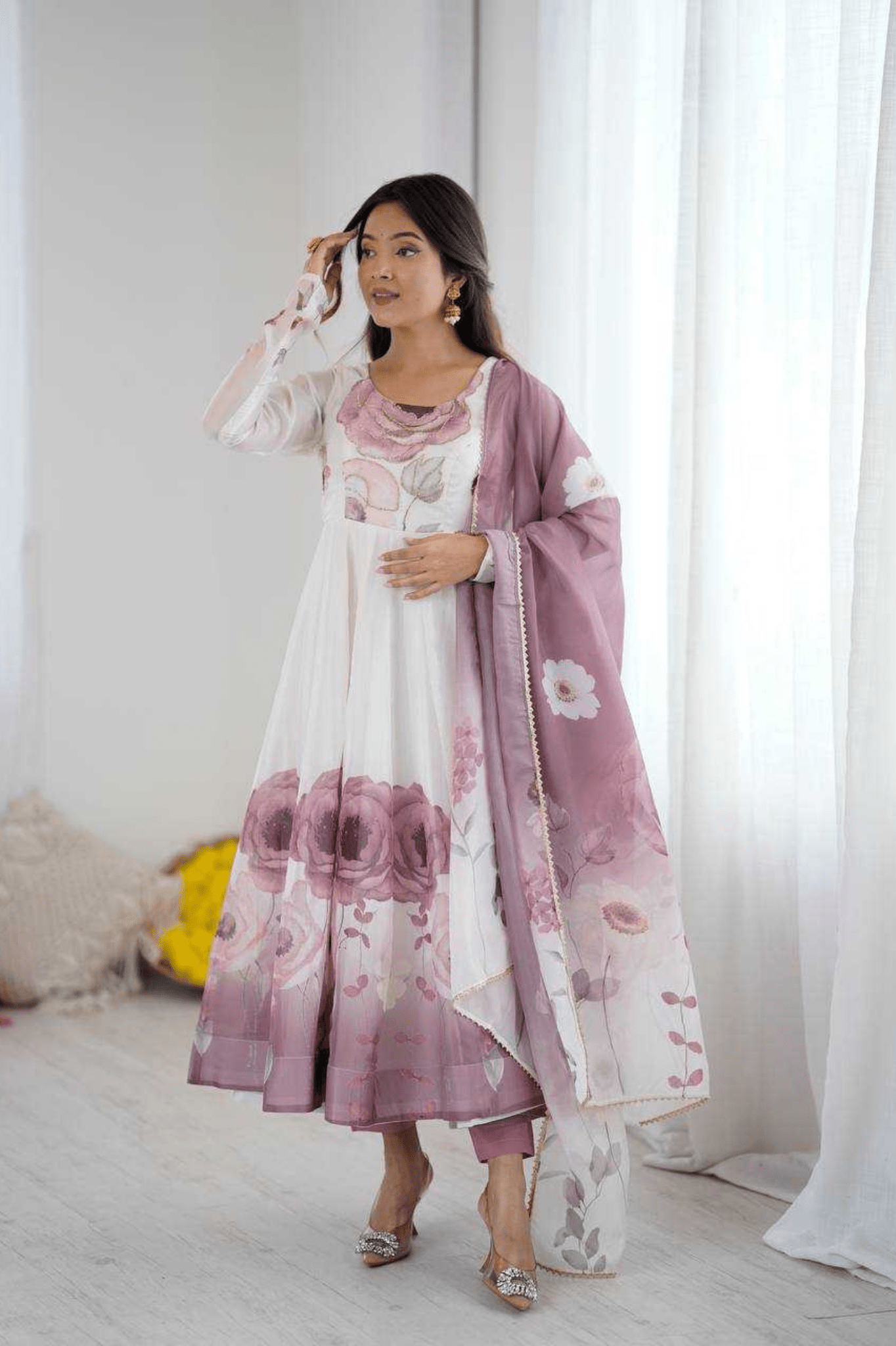Lavender Purple Organza Silk Handwork Anarkali Gown Set - kavyo.in