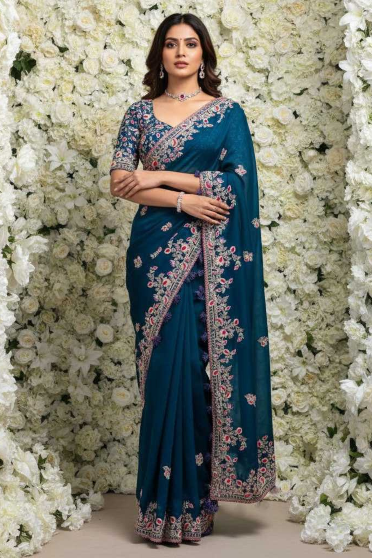 Premium Rangoli Silk Heavy Embroidered Saree – Teal Blue