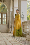 Yellow Soft Desi Raw Silk Saree with Pochampally Ikkat Concept & Zari Weaving Border