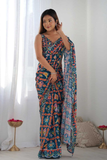 Navy Blue Kutchi Print Heavy Chinnon Saree with Mirror Lace Border