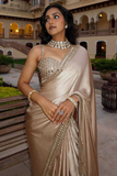 Off White Satin Silk Saree with Original Mirror and Embroidery Work