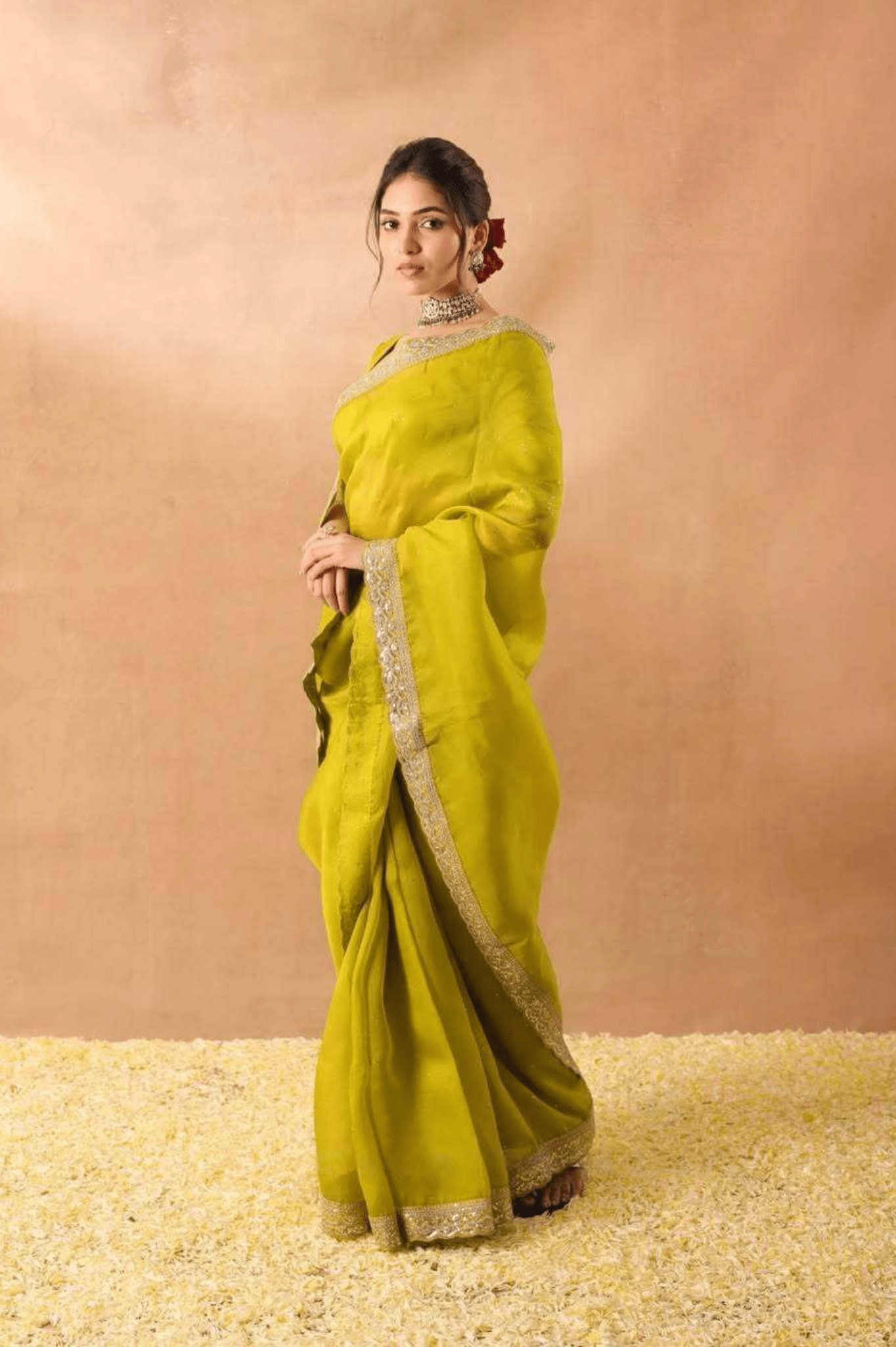 Lime Aura Soft Zimmy Chu Silk Embroidered Saree with Designer Blouse - kavyo.in