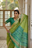Green Soft Desi Raw Silk Saree with Pochampally Ikkat Concept & Zari Weaving Border