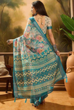 Blue Linen Cotton Saree with Watercolor Floral Print & Contrast Woven Border