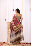 Soft Lichi Silk Saree with Nature Tribal Art Print & Luxurious Gold Zari Border