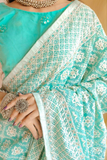 Aqua Blue Lucknowi Embroidered Georgette Saree with Silver Jari Detailing