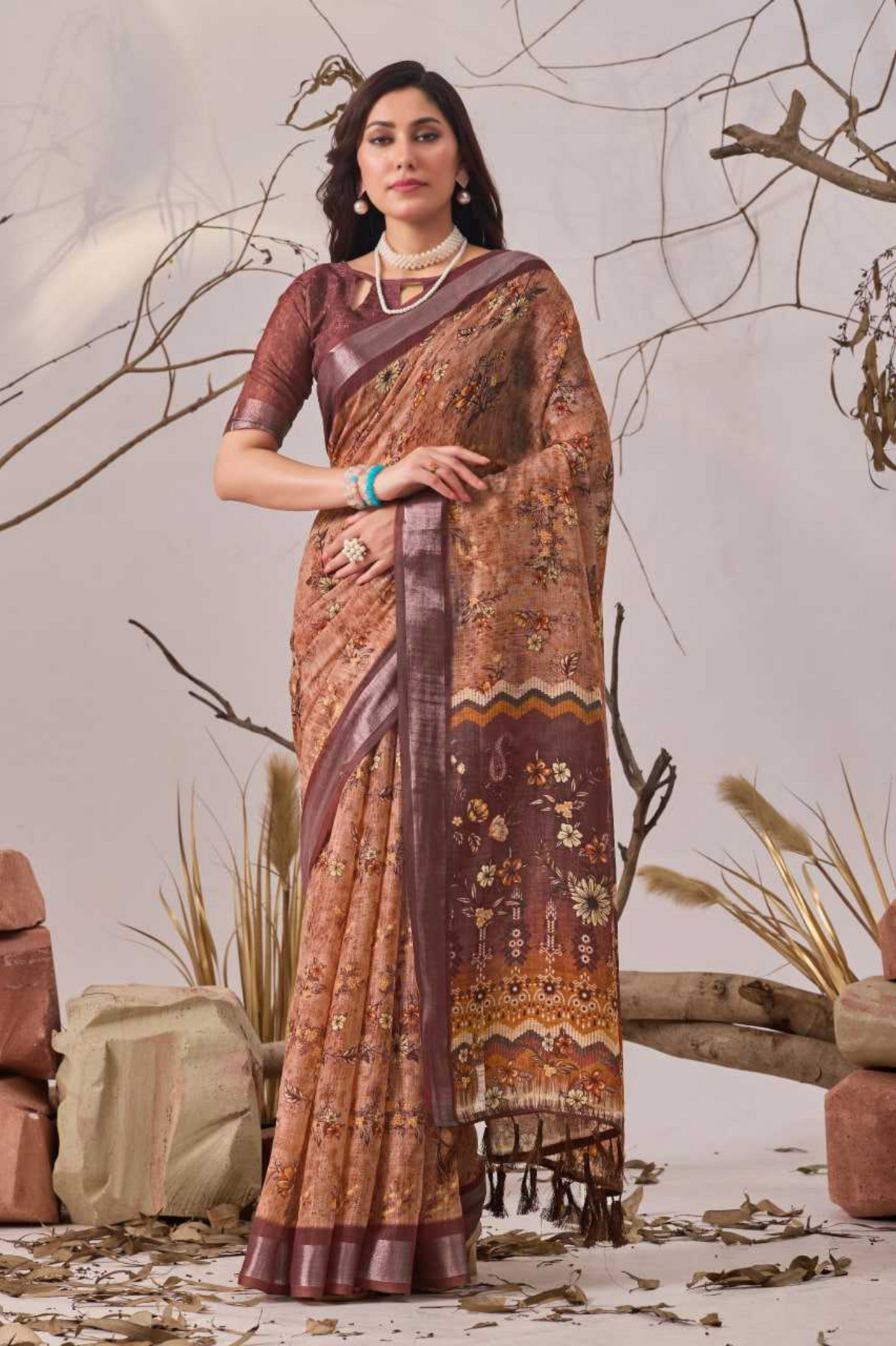 Brown Linen Cotton Saree with Digital Floral Prints