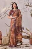 Brown Linen Cotton Saree with Digital Floral Prints