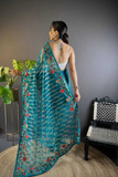 Blue Heavy Butterfly Net Saree with Multicolor Embroidery & Foil Thread Work