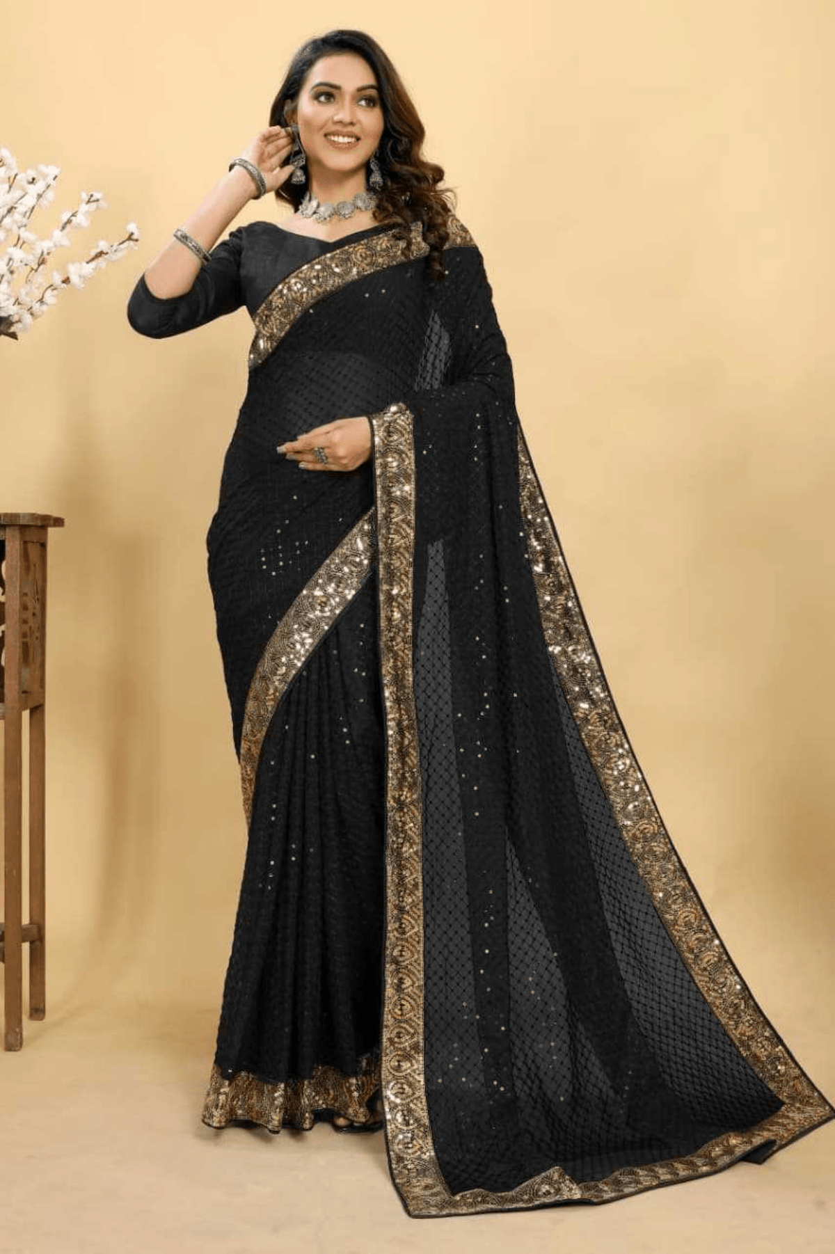 Noir Elegance Black Georgette Designer Saree - kavyo.in