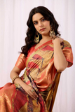 Warli Olive Soft Lichi Silk Tribal Art Print Saree