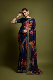 Blue Floral Georgette Saree with Golden Embroidered Lace Border