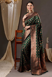 Green Copper Banarasi Soft Silk Jaal Woven Saree