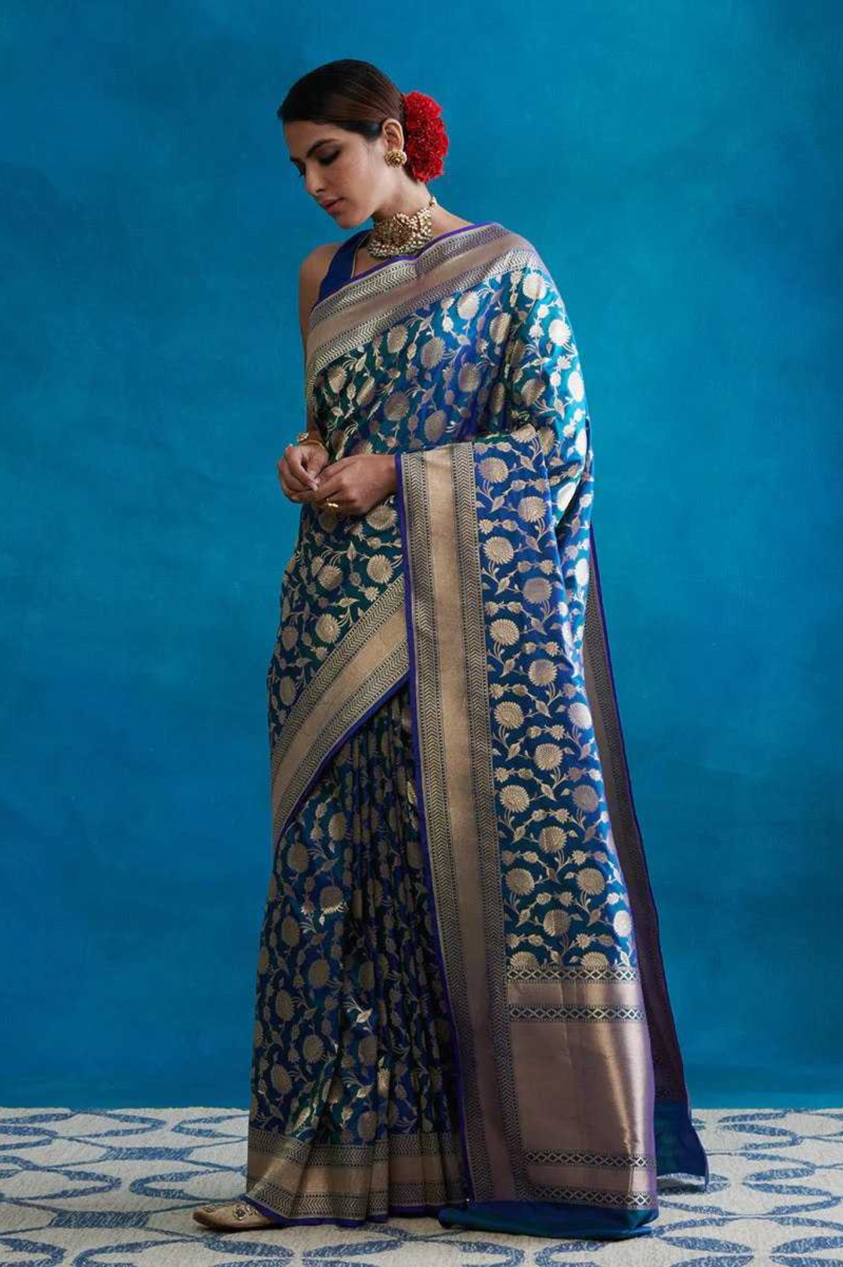 Teal Jaal Banarasi Soft Silk All-Over Gold Zari Saree
