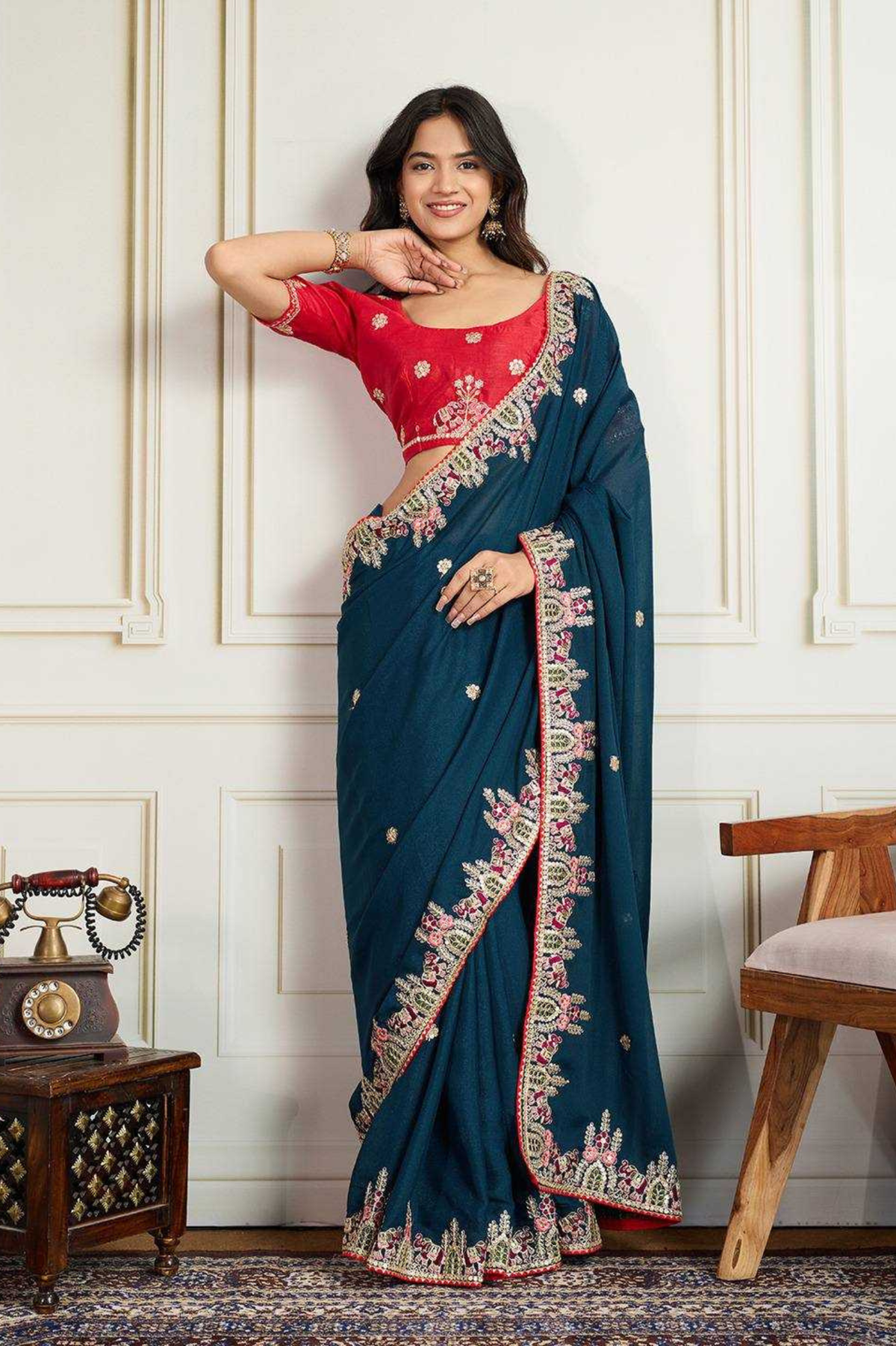 Navy Blue Soft Star Georgette Embroidered Saree with Contrast Banglory Silk Blouse