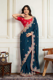 Navy Blue Soft Star Georgette Embroidered Saree with Contrast Banglory Silk Blouse