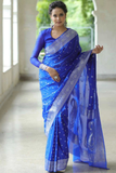 Electric Paisley Banarasi Soft Silk Silver Zari Woven Saree