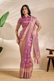 Mauve Soft Silk Blend Saree with Golden Tie-Dye & Zari Border