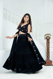 Elegant Black Pure Faux Georgette Embroidered Lehenga Set