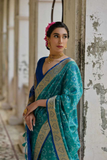 Blue Soft Desi Raw Silk Saree with Pochampally Ikkat Concept & Zari Weaving Border