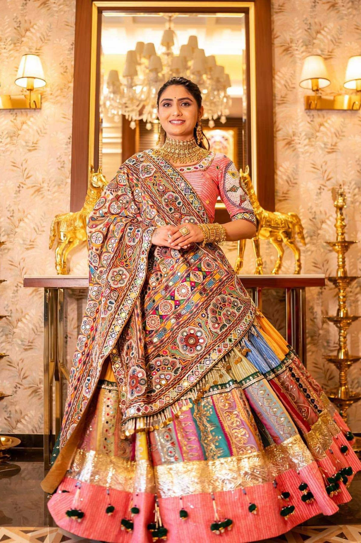 Muslin Cotton Mirror Work Lehenga with Lampi Lace & Dupatta