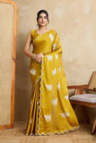 Mustard Yellow Rangoli Silk Saree with Embroidery & Cutwork Border
