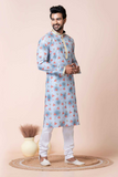 Sky Blue Floral Mono Cotton-Poly Kurta Pajama Set for Men