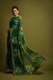 Green Floral Georgette Saree with Golden Embroidered Lace Border