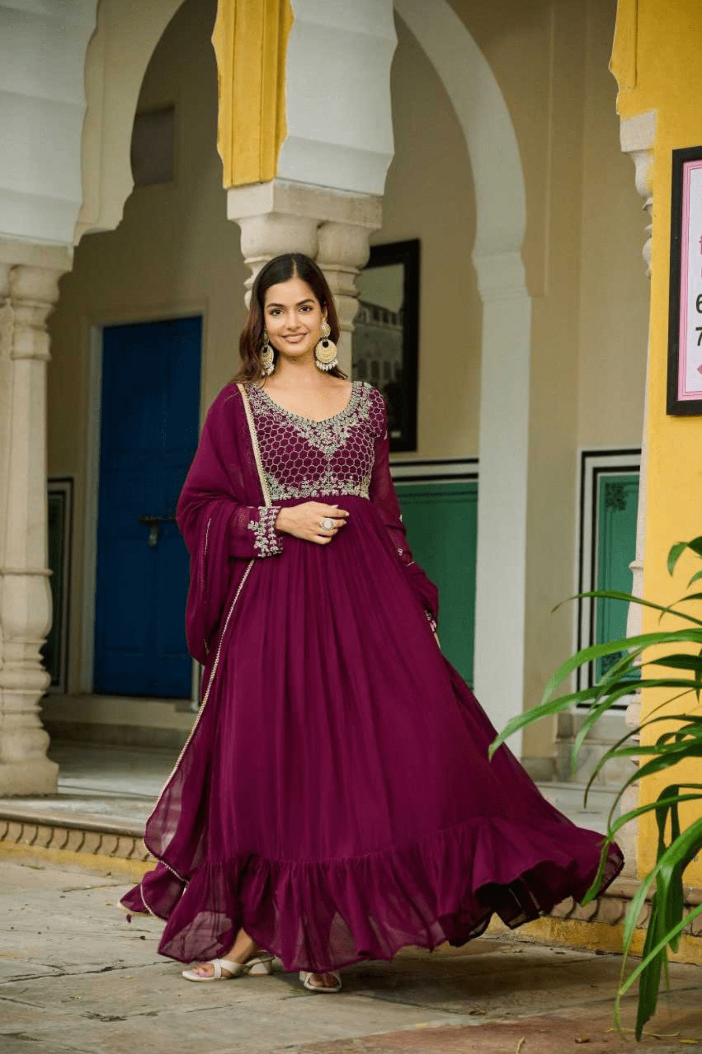 Wine Grace Faux Blooming Anarkali Gown with Designer Dupatta - kavyo.in