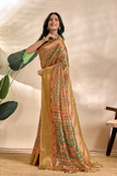 Olive Green Soft Silk Saree with Golden Zari Border & Patola-Inspired Design