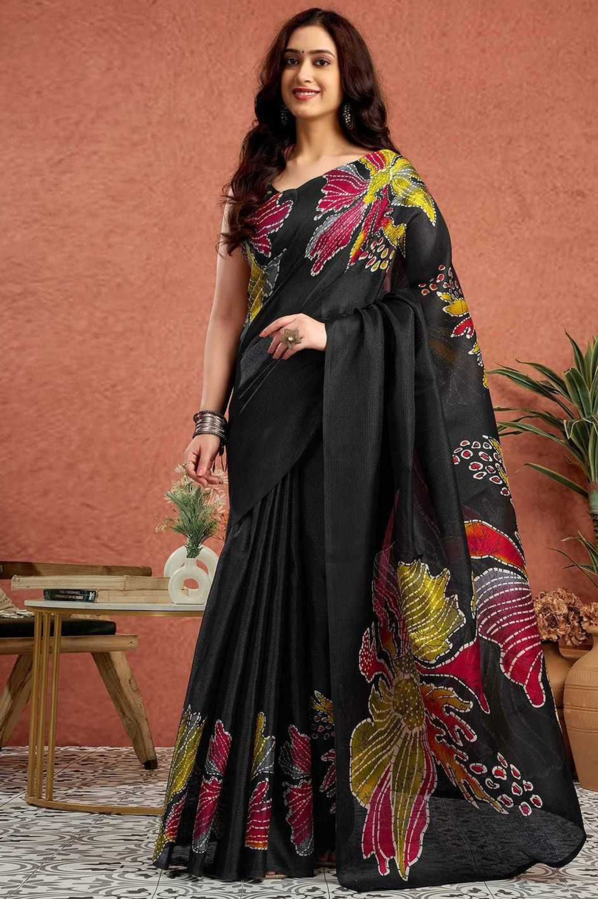 Black Ajrakh Semi Gajji Silk Bandhej Print Saree